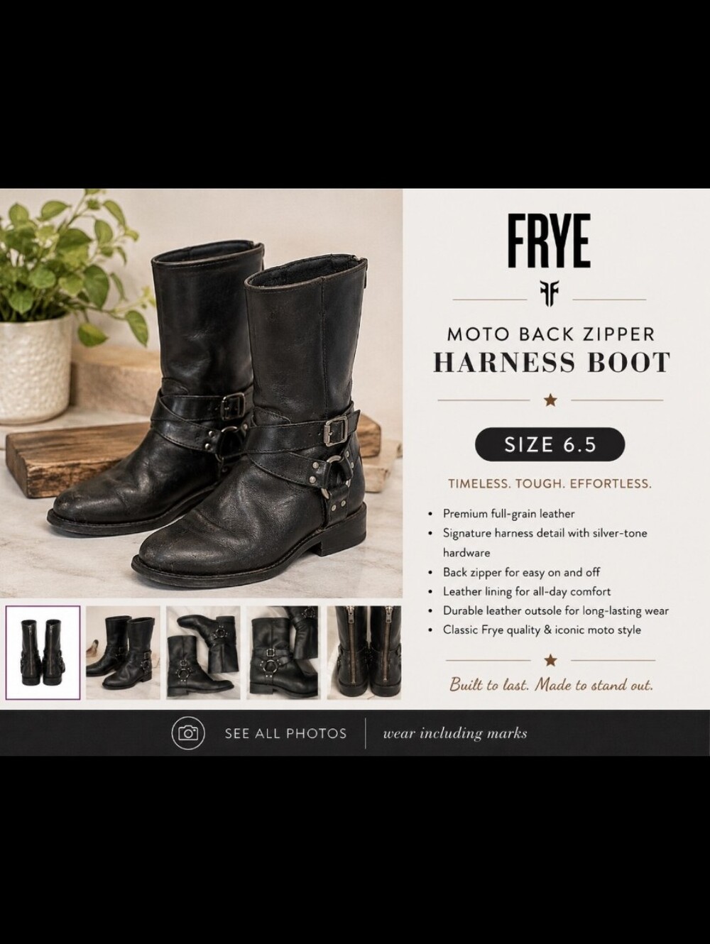 FRYE Moto Back Zipper Harness Boot 6.5